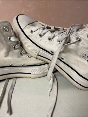 Converse High-Top Canvas Sneakers in Cream and Silver Eyelets